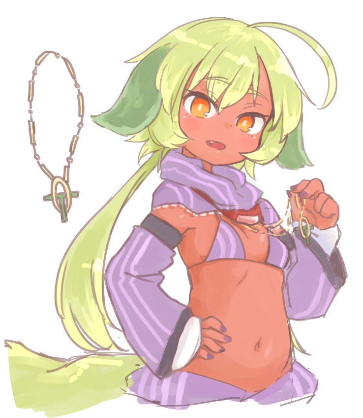 1girl ahoge animal_ears bikini_top brown_eyes dark_skin detached_collar detached_sleeves fang green_hair hand_on_hip holding_necklace jewelry long_hair looking_at_viewer low_twintails midriff nail_polish navel necklace nezumi_inu open_mouth original sketch smile solo tail titi-chan_(nezumi_inu) twintails