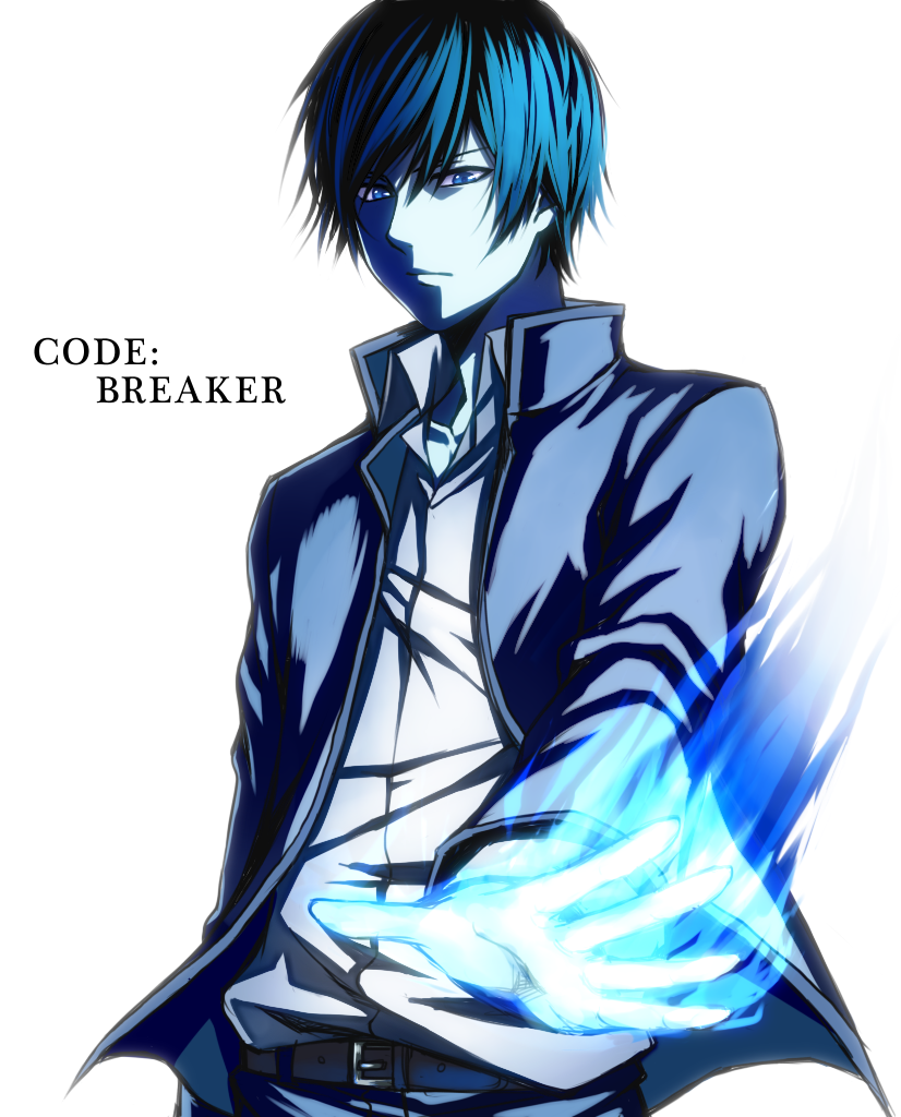1boy blue blue_eyes blue_fire blue_hair code:breaker copyright_name fire jacket male_focus ogami_rei setsuna215 solo upper_body