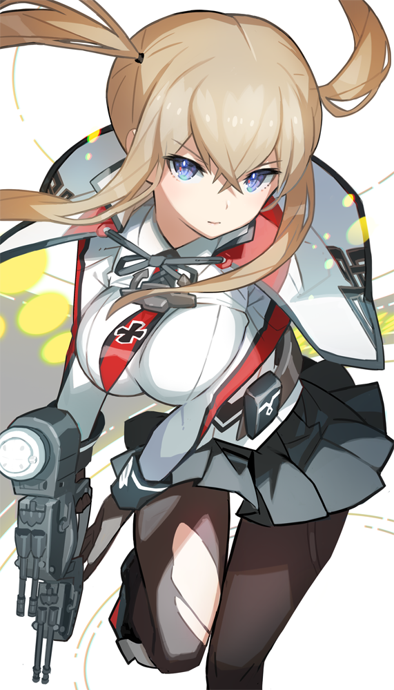 1girl black_gloves black_legwear black_skirt blonde_hair blue_eyes blush breasts capelet celtic_knot chromatic_aberration cowboy_shot cuffs determined gloves graf_zeppelin_(kantai_collection) gun handgun hat hat_removed headwear_removed holding iron_cross kantai_collection long_hair long_sleeves looking_at_viewer machinery necktie one_leg_raised pantyhose pistol pleated_skirt pouch running saitou_naoki sidelocks skirt torn_clothes torn_pantyhose twintails weapon