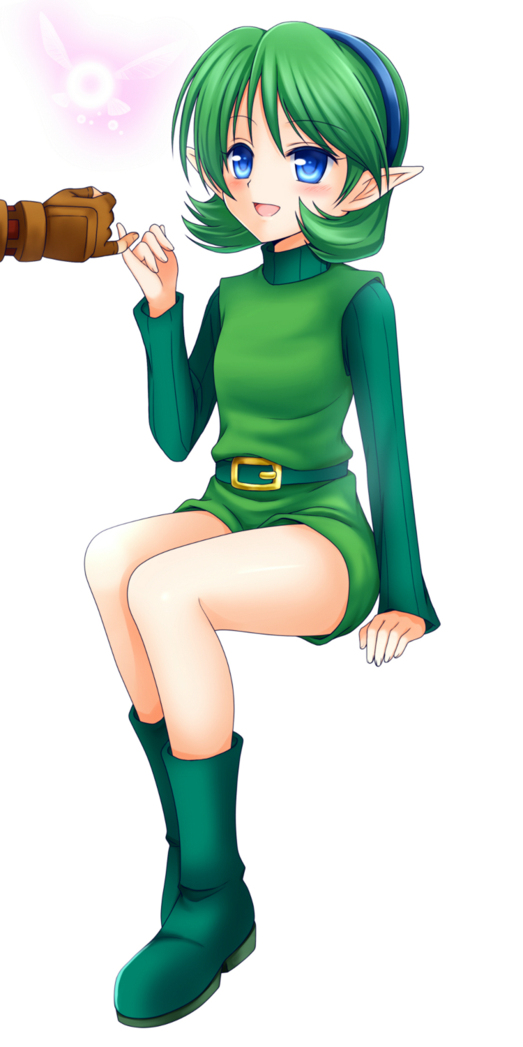 1boy 1girl blue_eyes blush boots brown_gloves fairy fingerless_gloves gloves green_boots green_hair green_shirt green_skirt hands highres kokiri long_sleeves muedo pinky_swear pointy_ears saria shirt simple_background sitting skirt solo_focus the_legend_of_zelda the_legend_of_zelda:_ocarina_of_time vertical_stripes white_background