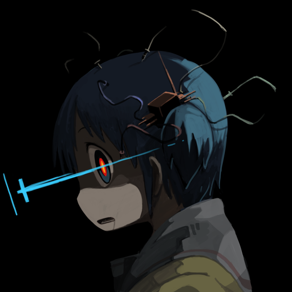 1girl black_background blue_eyes blue_hair cable drooling glowing glowing_eye hair_cubes hair_ornament light_beam looking_at_viewer naganohara_mio nichijou nishimura_(prism_engine) open_mouth profile red_eyes short_hair solo twintails