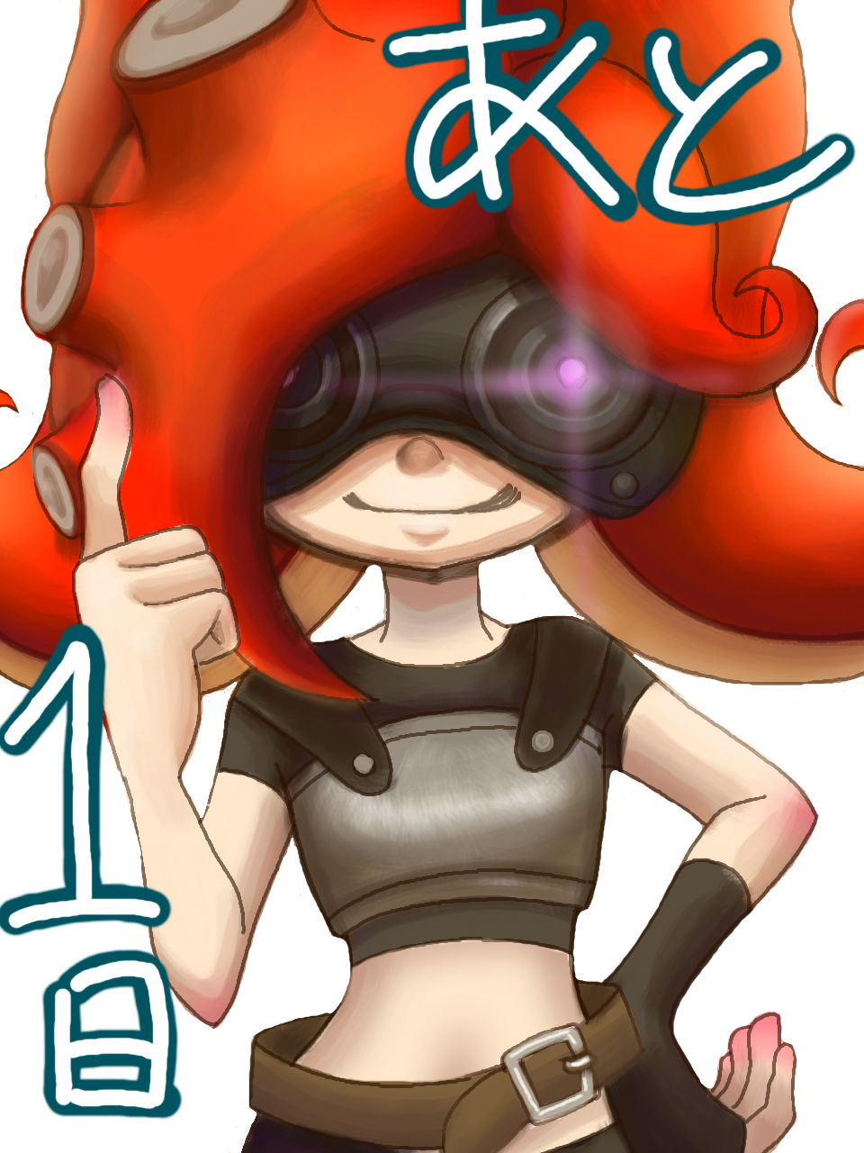 1girl armor belt breastplate fingerless_gloves gloves glowing glowing_eyes goggles hand_on_hip highres hikari_watanuki index_finger_raised mask octarian redhead simple_background smile solo splatoon takozonesu tentacle_hair tentacles white_background