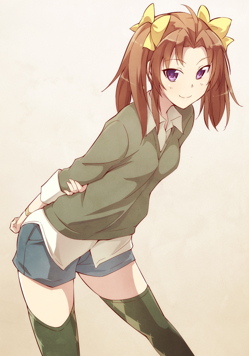 1girl ahoge alternate_costume arms_behind_back breasts brown_hair casual commentary_request e20 green_legwear hair_ribbon highres kagerou_(kantai_collection) kantai_collection leaning leaning_forward long_hair ribbon shorts simple_background smile solo thigh-highs twintails violet_eyes