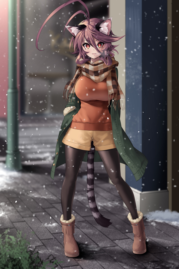 1girl ahoge animal_ears black_legwear boots breasts brown_hair cat_ears cat_tail coat hands_in_pockets huge_ahoge large_breasts long_sleeves looking_at_viewer open_clothes open_coat original pantyhose red_eyes scarf shorts snowing solo sweater tail winter_clothes yagatake_arashi yana_(nekoarashi)