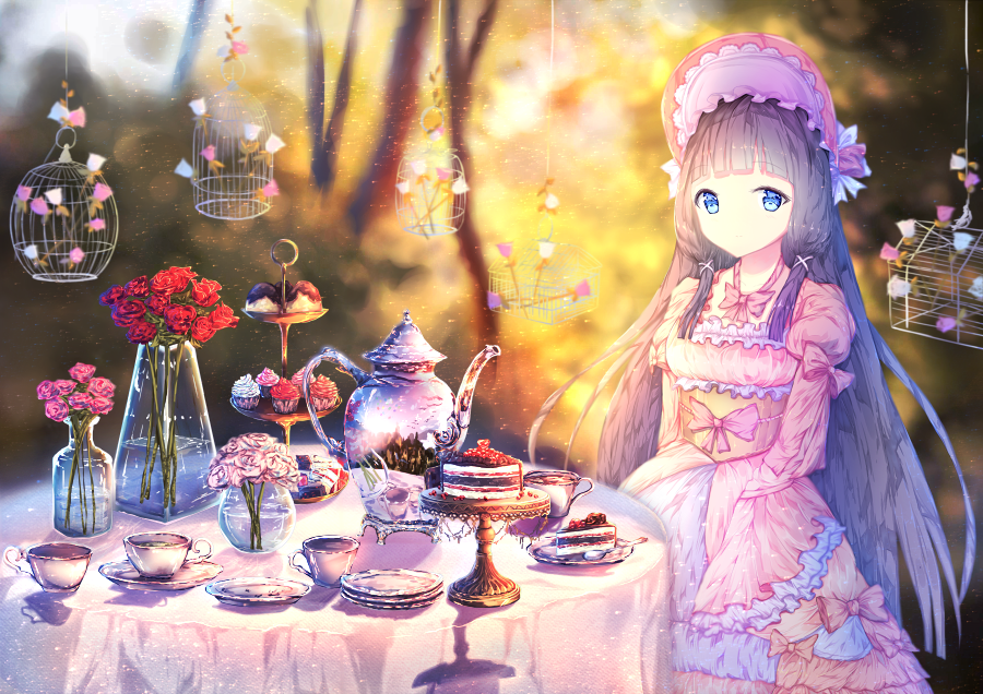 1girl bangs black_hair blue_eyes blunt_bangs blurry bonnet bottle bow cage cake cake_stand cup cupcake dress feitaru flower food glass himemiya_maho layered_dress long_hair long_sleeves pastry pink_dress pink_flower plate princess_connect! red_flower reflection rose saucer shadow slice_of_cake solo spoon sweets table tablecloth tea_party teacup teapot tears tiered_tray vase very_long_hair water wide_sleeves x_hair_ornament