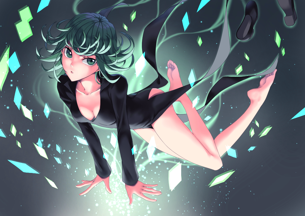 1girl barefoot between_thighs black_dress black_shoes breasts cleavage collarbone dress flats flipped_hair full_body gradient gradient_background green_eyes green_hair jh long_sleeves looking_to_the_side no_panties onepunch_man shoes shoes_removed short_hair side_slit soles solo tatsumaki