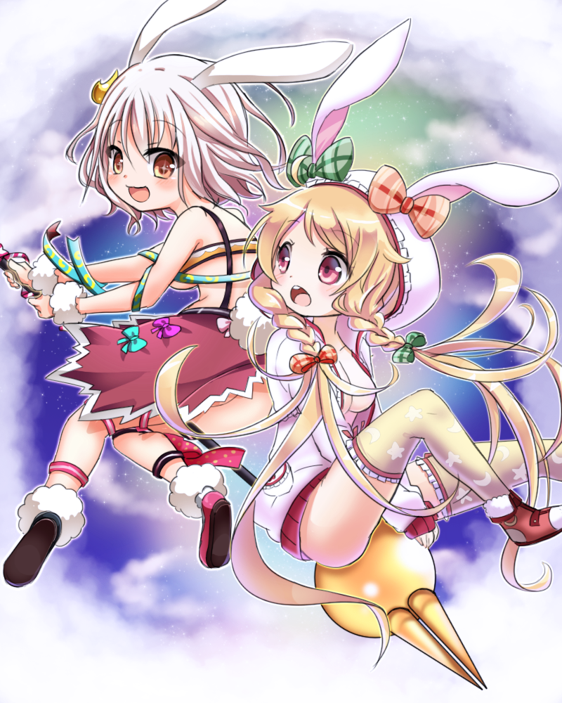 2girls animal_ears breasts flower_knight_girl multiple_girls rabbit_ears ribbon tagme