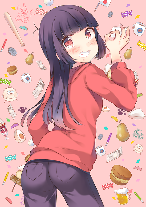 1girl alcohol ass baseball_bat beer blush candy egg female food fruit genderswap japanese_flag letter long_hair looking_back money oden osomatsu-kun osomatsu-san osomatsu_(osomatsu-kun) parfait purple_hair red_eyes senmen_kinuko solo teeth