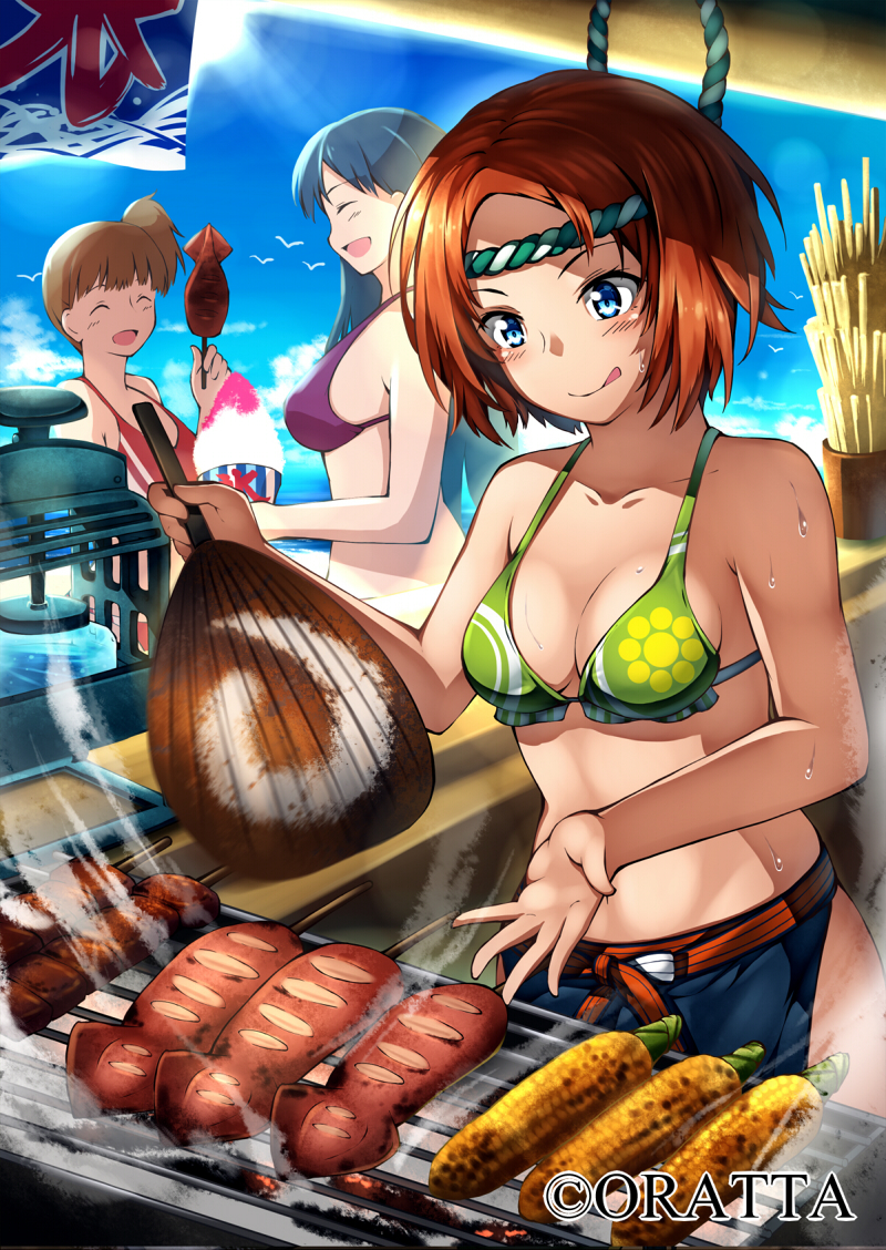 3girls barbecue bare_shoulders beach bikini_top bird blue_eyes blue_sky breasts brown_hair cleavage closed_eyes cooking corn decchi_oyabun fan fanning grill headband licking_lips multiple_girls original seagull shaved_ice short_hair side_ponytail sky squid steam sweat tongue tongue_out