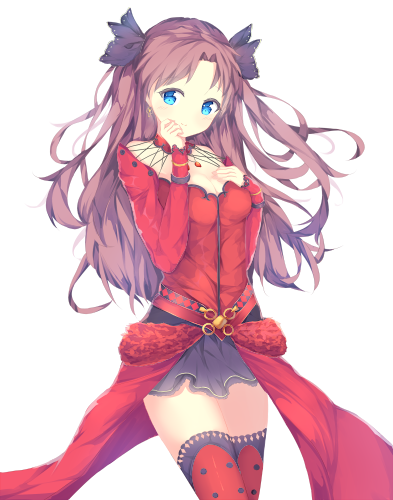 1girl bangs belt black_skirt blue_eyes breast_suppress brown_hair cowboy_shot earrings fate/grand_order fate/stay_night fate_(series) feitaru formalcraft hair_ribbon hand_on_own_face jewelry long_hair long_sleeves looking_at_viewer lowres parted_bangs pendant red_shirt ribbon ring shirt simple_background skirt solo thigh-highs toosaka_rin two_side_up white_background