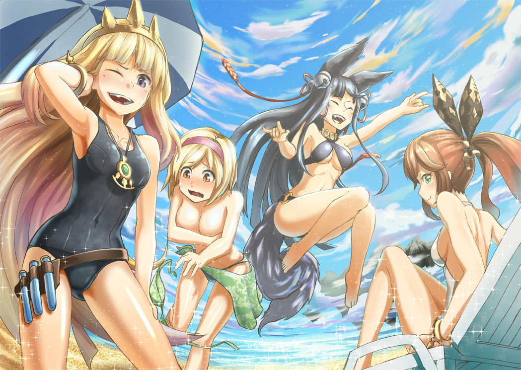 4girls animal_ears artist_request beach bikini black_bikini black_hair blonde_hair brown_hair cagliostro_(granblue_fantasy) casual_one-piece_swimsuit clarisse_(granblue_fantasy) closed_eyes covered_navel covering covering_breasts crown djeeta_(granblue_fantasy) embarrassed granblue_fantasy green_bikini green_eyes hair_ornament hairband jewelry long_hair looking_at_viewer multiple_girls necklace ocean one-piece_swimsuit open_mouth orange_eyes outdoors short_hair sky smile swimsuit tail topless violet_eyes white_swimsuit yuel_(granblue_fantasy)