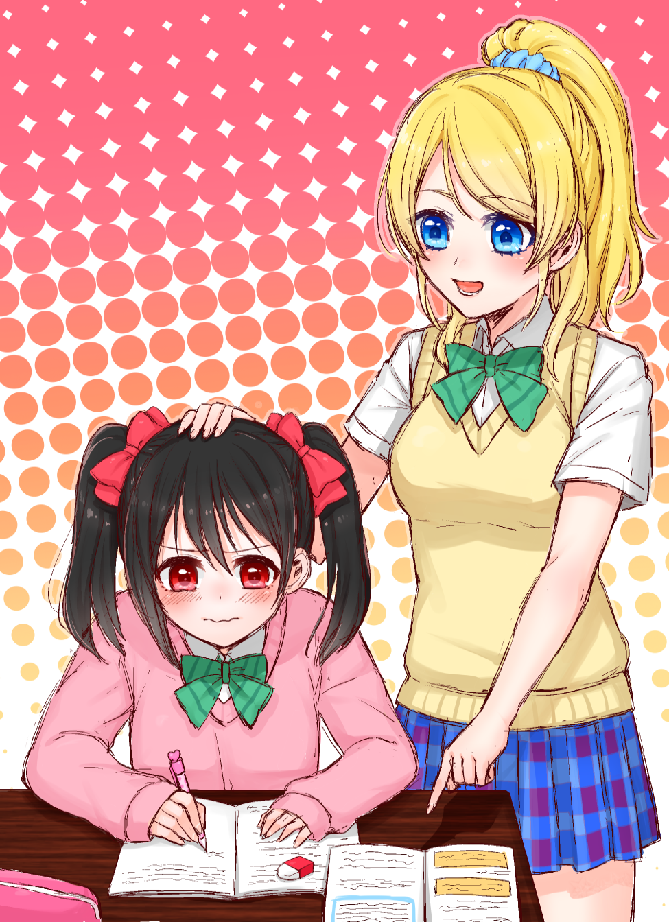 2girls :d ayase_eli black_hair blonde_hair blue_eyes blush book bow eraser hair_bow hand_on_another's_head highres long_sleeves love_live!_school_idol_project mashu_003 multiple_girls open_mouth pencil petting pointing ponytail red_eyes scrunchie sitting smile standing studying sweater_vest table twintails wavy_mouth yazawa_nico
