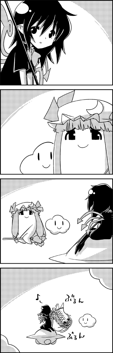 1girl 4koma =d asymmetrical_wings broom broom_riding butterfly_net clouds comic commentary crescent hand_net hat highres houjuu_nue mob_cap monochrome musical_note patchouli_knowledge pointy_ears smile take_it_home tani_takeshi touhou translated ufo wings yukkuri_shiteitte_ne