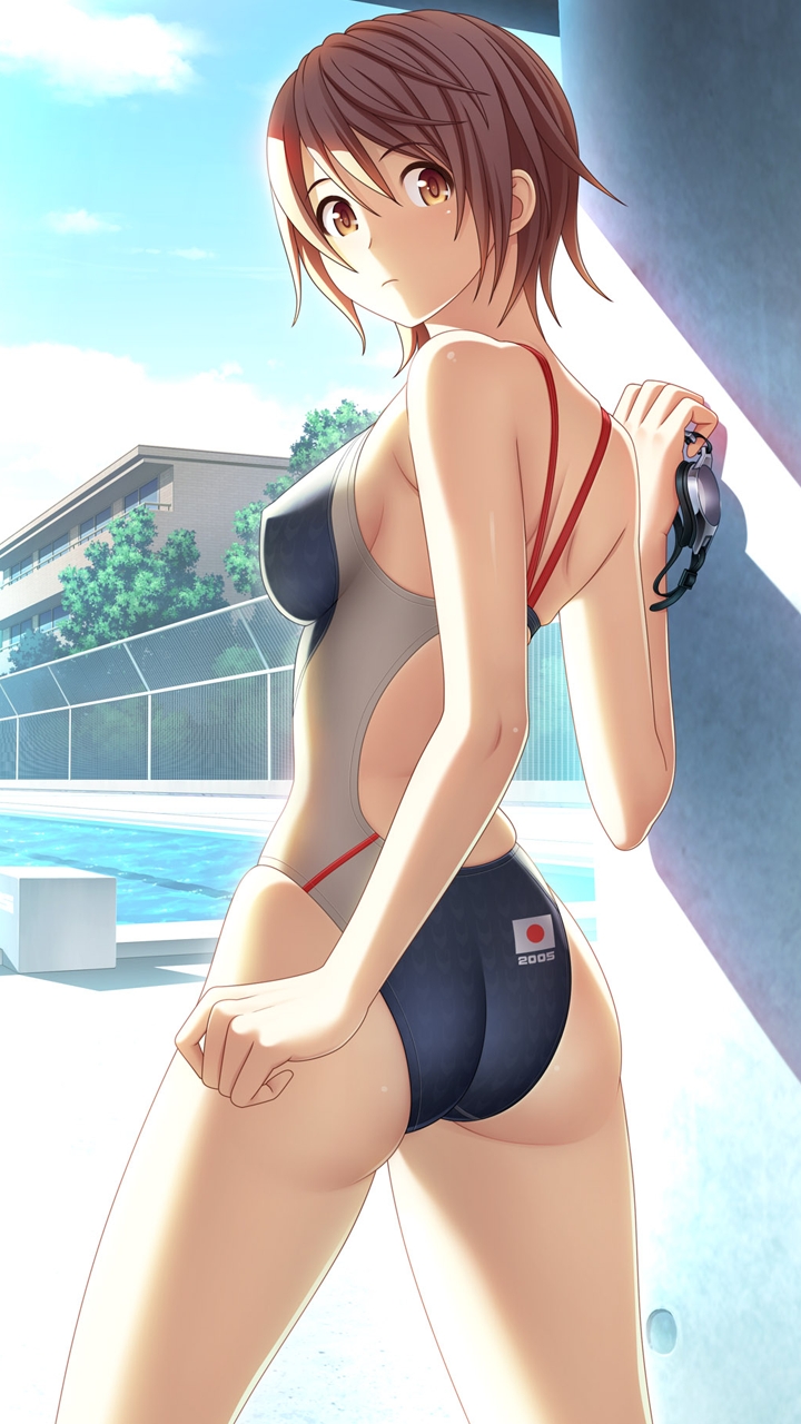 1girl ass breasts brown_eyes brown_hair competition_swimsuit highres japanese_flag kuri_(kurigohan) looking_at_viewer one-piece_swimsuit outdoors pool short_hair sideboob solo swimsuit