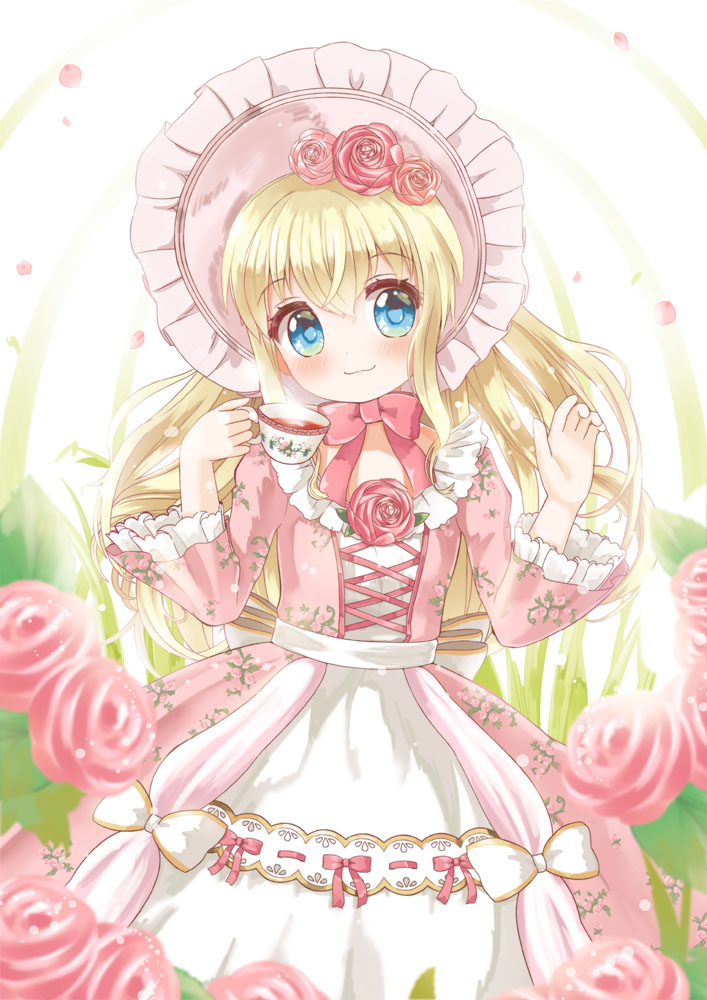 1girl blonde_hair blue_eyes blush bonnet coco_(otoca_d'or) cup dress flower hair_flower hair_ornament looking_at_viewer neko_satou otoca_d'or pink_dress smile solo tea teacup