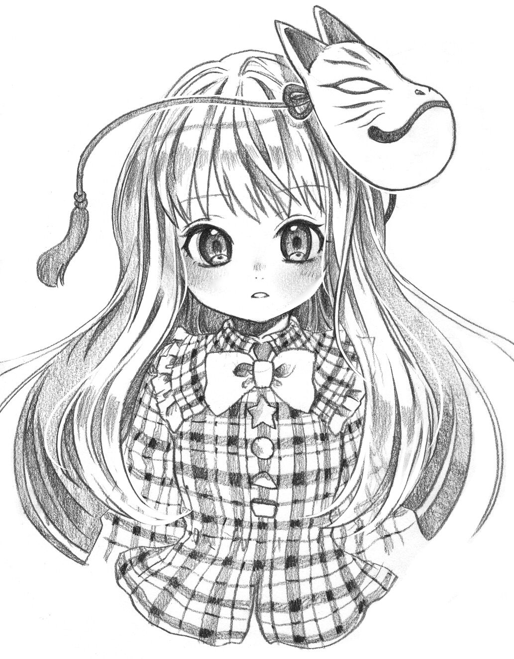 1girl expressionless fox_mask gotoh510 hata_no_kokoro highres long_hair mask monochrome plaid plaid_shirt shirt touhou wing_collar