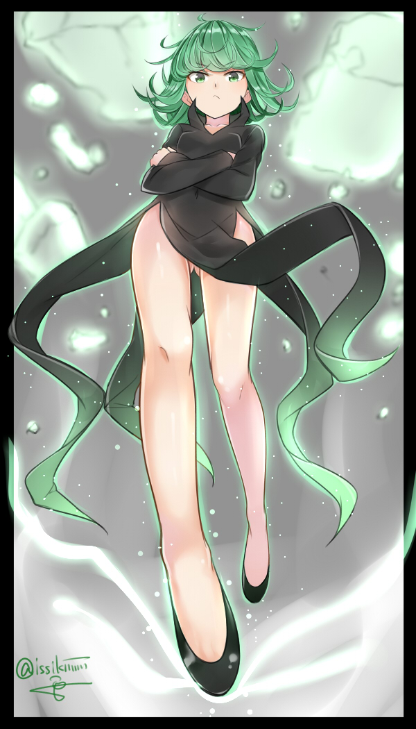 1girl ass ass_visible_through_thighs black_border black_dress border covered_navel crossed_arms dress full_body green_eyes green_hair isshiki_(ffmania7) looking_at_viewer no_pants onepunch_man solo tatsumaki twitter_username