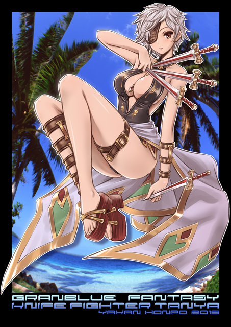 1girl 2015 belt between_breasts black_swimsuit character_name copyright_name eyepatch granblue_fantasy inoue_tomii jewelry knife necklace one-piece_swimsuit red_eyes sandals short_hair silver_hair sling_bikini solo swimsuit tania_(granblue_fantasy) thigh_strap