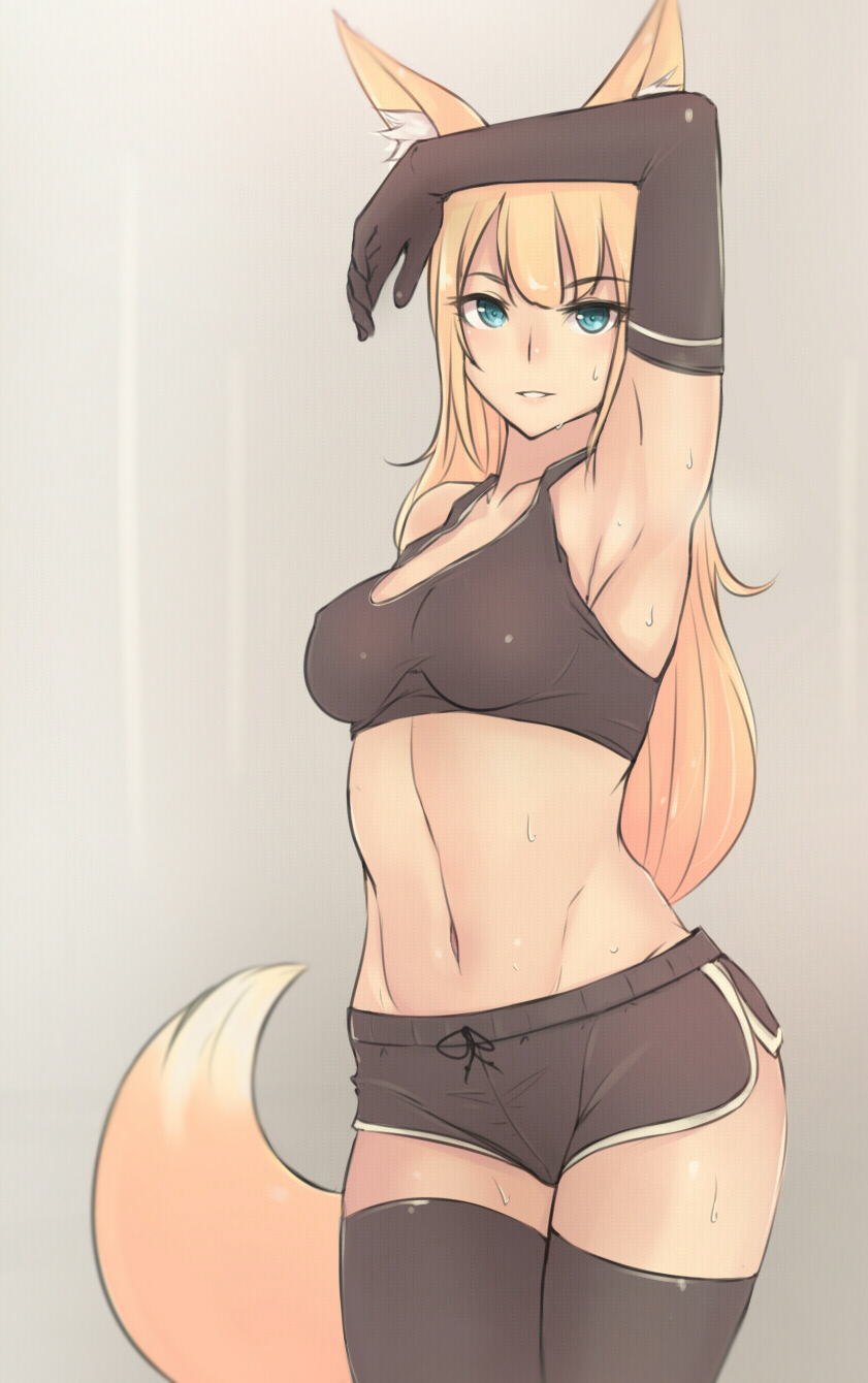 1girl animal_ears arm_up armpits black_gloves black_legwear blonde_hair blue_eyes blush breasts elbow_gloves fox_ears fox_tail gloves highres kubo_(artist) long_hair looking_at_viewer navel original showing_armpits simple_background smile solo sports_bra sweat tail thigh-highs