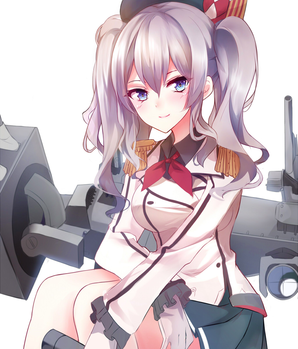 1girl beret blue_eyes blue_skirt blush bow breasts buttons epaulettes frilled_sleeves frills gloves hat hat_bow highres kantai_collection kashima_(kantai_collection) large_breasts long_sleeves looking_at_viewer machinery military military_uniform miniskirt pleated_skirt red_ribbon ribbon shiguru short_hair sidelocks silver_hair simple_background skirt smile solo turret uniform white_background white_gloves