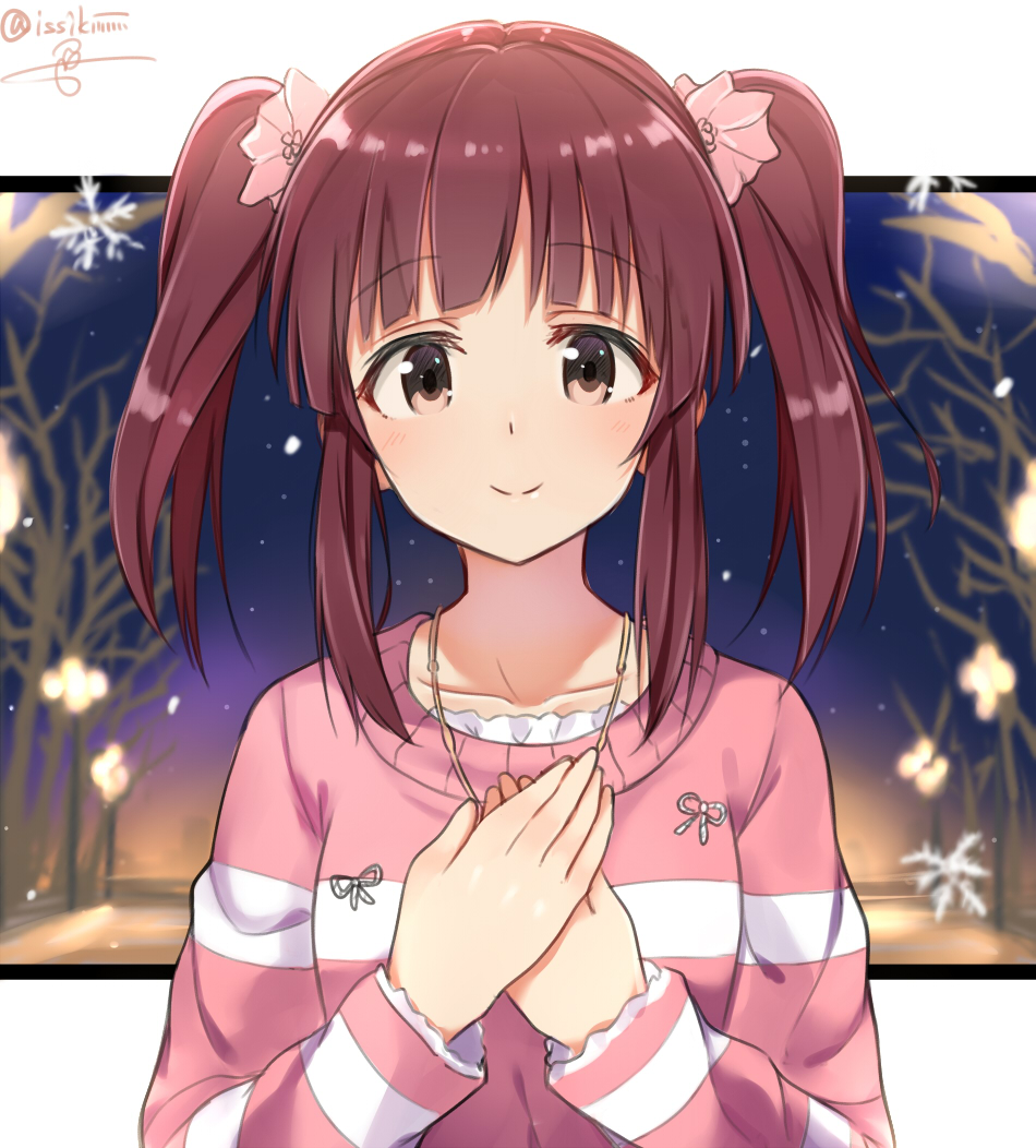 1girl artist_name bangs bare_tree blunt_bangs brown_eyes brown_hair collarbone flower hair_flower hair_ornament hand_on_own_chest idolmaster idolmaster_cinderella_girls isshiki_(ffmania7) jewelry long_sleeves necklace night night_sky ogata_chieri short_hair sky smile snowflakes solo sweater tree two_side_up upper_body