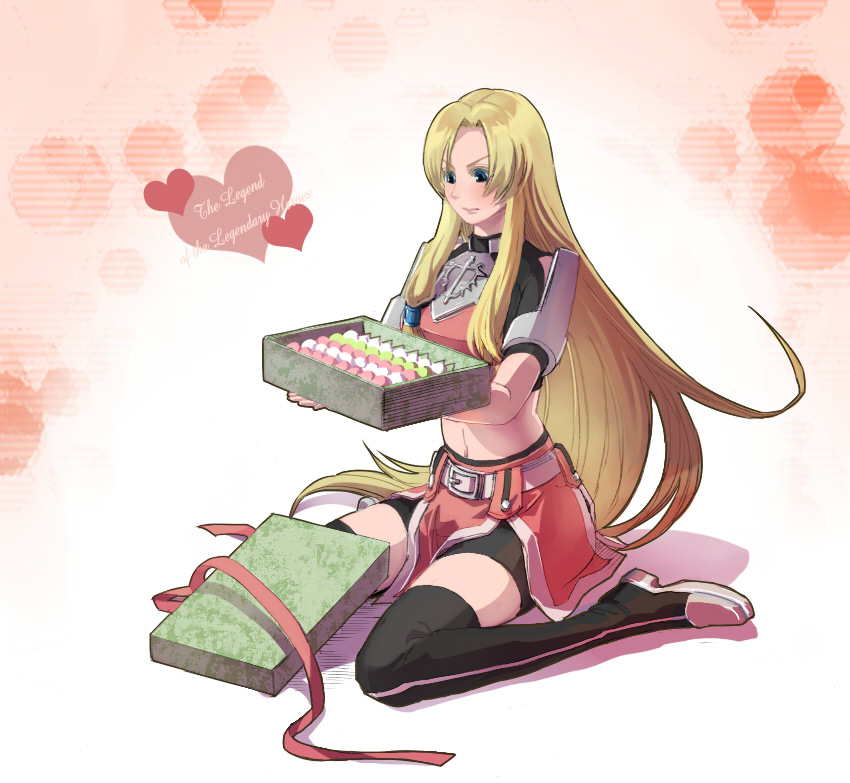 1girl armor blonde_hair blue_eyes box copyright_name dango densetsu_no_yuusha_no_densetsu ferris_eris food full_body heart long_hair midriff ribbon shiroton_(kazamineko) sitting solo thigh-highs very_long_hair wagashi wariza