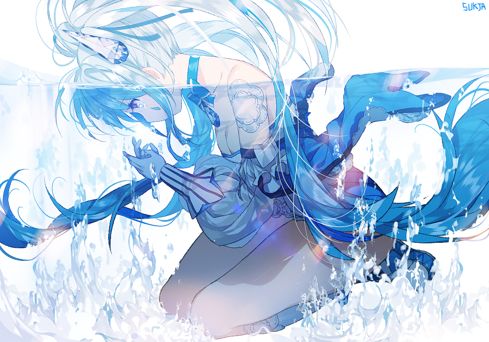 1girl air_bubble artist_name bare_shoulders blue blue_boots blue_bowtie blue_dress blue_hair boots breasts choker cleavage detached_sleeves diamond_hair_ornament dress face_under_water gem gloves hatsune_miku jewelry knee_boots kneeling long_hair long_sleeves partially_translated partially_underwater_shot puffy_long_sleeves puffy_sleeves simple_background solo sorolp strapless_dress teardrop translation_request twintails very_long_hair violet_eyes vocaloid water white_background white_gloves