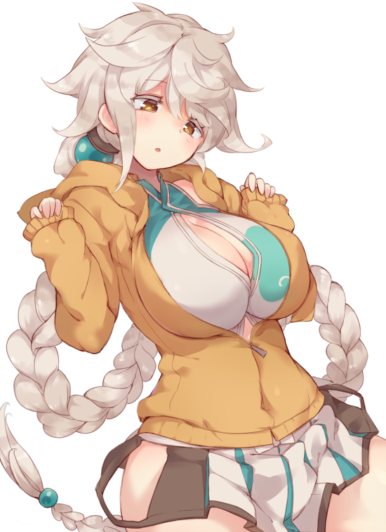 1girl asymmetrical_hair bare_shoulders braid breasts bursting_breasts cleavage_cutout cloud_print colored_eyelashes hair_ornament hooded_jacket jitome kantai_collection large_breasts looking_down miniskirt open_mouth silver_hair single_braid skirt solo undersized_clothes unryuu_(kantai_collection) yamaarashi yellow_eyes