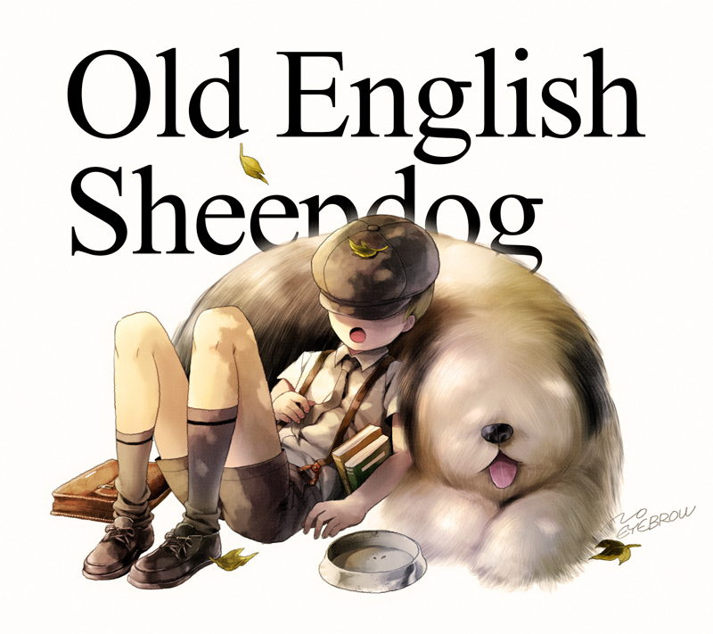 1boy book dog english hat_over_eyes leaf male_focus necktie noeyebrow_(mauve) old_english_sheepdog open_mouth original shorts simple_background sitting solo suspenders text tongue tongue_out white_background