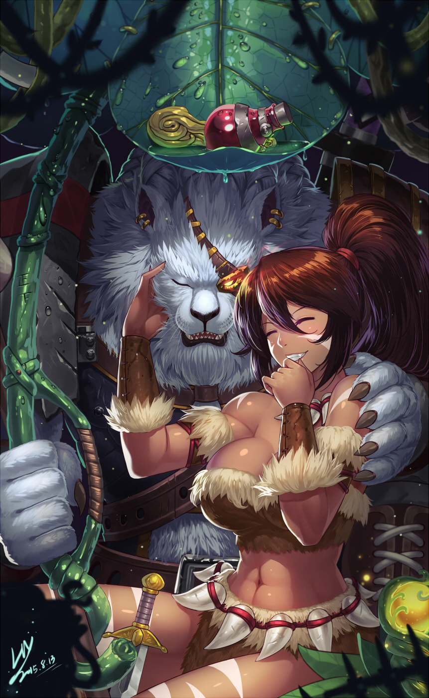 1girl breasts brown_hair cleavage closed_eyes cougar_(animal) dagger facial_mark highres huang_xie large_breasts league_of_legends long_hair nidalee ponytail rengar smile toned tribal weapon