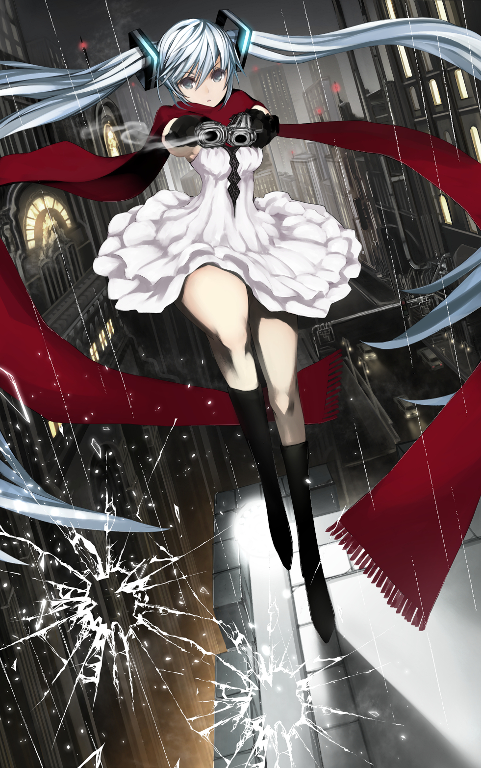 1girl aiming_at_viewer alternate_costume bangs black_gloves black_legwear blue_hair broken_glass building car catbell city dress dual_wielding dutch_angle finger_on_trigger floating_hair fringe full_body glass gloves grey_eyes hair_between_eyes hatsune_miku highres lamp lamppost light long_hair looking_at_viewer motor_vehicle night night_sky outdoors rain red_scarf road scarf sky sleeveless sleeveless_dress smoke solo street twintails vehicle very_long_hair vocaloid white_dress window
