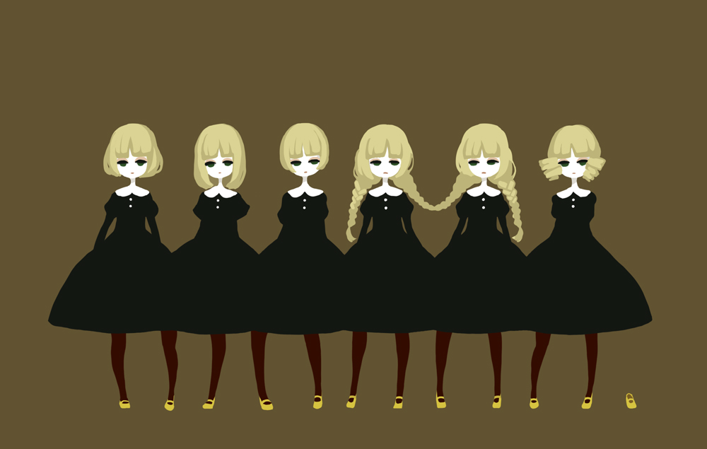6+girls arms_at_sides arms_behind_back blonde_hair bob_cut braid dress drill_hair green_dress green_eyes hime_cut long_hair looking_at_another looking_at_viewer looking_to_the_side mary_janes multiple_girls no_lineart nona_drops optical_illusion original pantyhose red_legwear shoes short_hair simple_background surreal twin_braids very_long_hair yellow_shoes