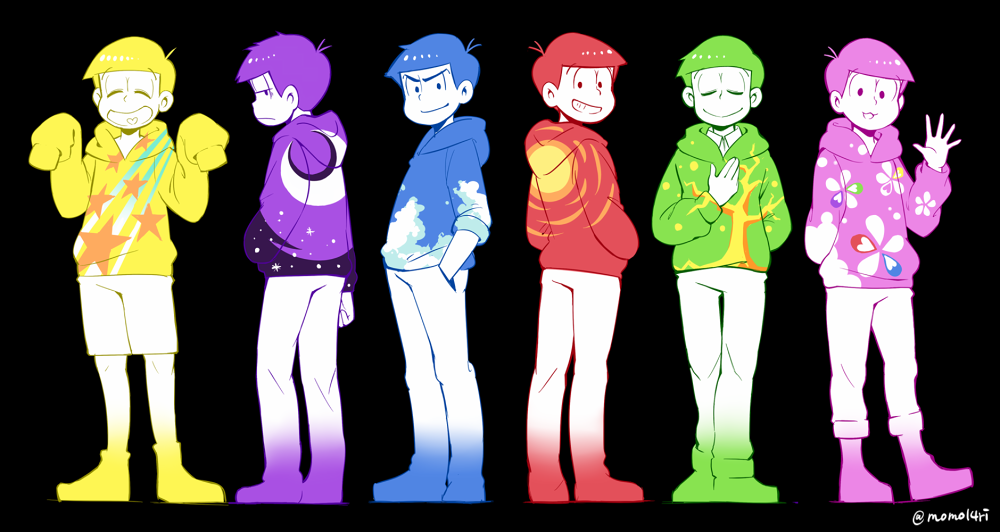 6+boys :3 arm_at_side arm_behind_back back-to-back bangs black_background blonde_hair blue_hair boots brothers choromatsu closed_eyes closed_mouth clouds crescent floral_print frown full_body green_hair grin hand_in_pocket hand_on_own_chest hands_up heart heart_in_mouth hood_down hoodie ichimatsu jyushimatsu karamatsu legs_apart lineup long_sleeves male_focus mone_(14ri0000) multiple_boys night night_sky open_mouth osomatsu-kun osomatsu-san osomatsu_(osomatsu-kun) pants pink_hair purple_hair raised_hand redhead sextuplets shorts siblings signature sky sky_print sleeves_past_wrists smile smirk spread_fingers standing star_print starry_sky_print sun_(symbol) thigh_gap todomatsu waving white_skin