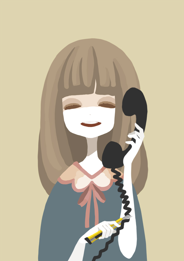 1girl beige_background brown_hair closed_eyes corded_phone creepy cutting eyelashes facing_viewer hobby_knife holding_phone long_hair no_lineart nona_drops open_mouth original phone phone_cord pink_ribbon pun ribbon simple_background solo talking talking_on_phone upper_body