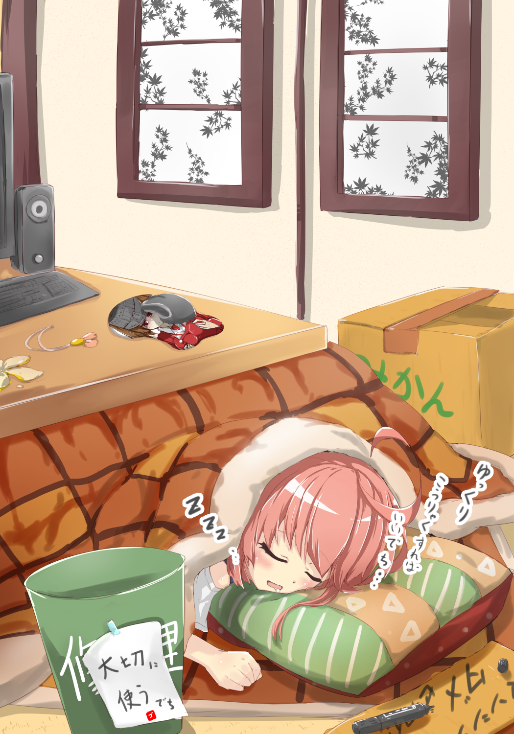 1girl ahoge akaikonomi blush box breast_mousepad brown_hair bucket cardboard_box clenched_hand closed_eyes commentary_request computer_keyboard computer_mouse drooling flat_chest hands_on_own_chest highres i-58_(kantai_collection) indoors kantai_collection kotatsu lying marker mousepad on_stomach open_mouth ornament pillow pink_hair ryuujou_(kantai_collection) saliva short_hair sleeping solo speaker table translation_request twintails visor_cap zzz