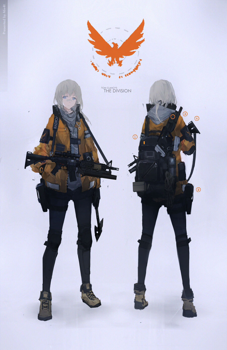 1girl assault_rifle backpack bag blue_eyes character_sheet grenade_launcher grey_hair gun hands_in_pockets hatchet headwear_removed highres holster hoodie jacket knee_pads laser_sight m203 m4_carbine mivit original pantyhose respirator rifle science_fiction scope shoes short_hair simple_background sling solo tom_clancy's_the_division underbarrel_grenade_launcher weapon