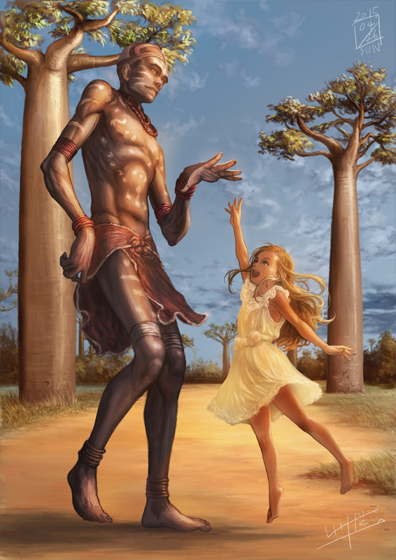 1boy 1girl arm_up barefoot blonde_hair blue_sky bodypaint clouds dark_skin dated dress facepaint giant headgear ikeda_(cpt) jewelry jumping loincloth long_hair looking_at_another looking_away looking_up necklace original signature sky tree yellow_dress