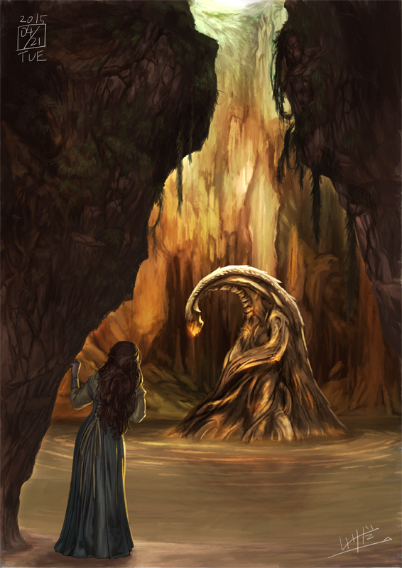 1girl blue_dress brown_hair cave dated dress from_behind ikeda_(cpt) leaning_over long_hair monster original signature water