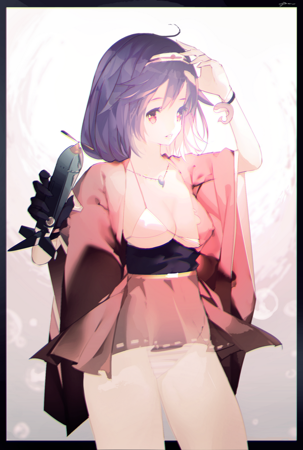 1girl ahoge ajahweea black_border border breasts breasts_outside cleavage cowboy_shot hand_in_hair headband holding japanese_clothes jewelry kantai_collection kimono large_breasts long_hair looking_at_viewer micro_bikini_top necklace obi open_clothes open_kimono panties parted_lips purple_hair red_eyes ryuuhou_(kantai_collection) sash short_kimono single_glove striped striped_panties taigei_(kantai_collection) underwear
