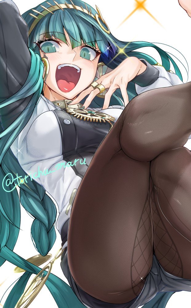 1girl bangs blunt_bangs braid breasts cleopatra_(fate) commentary_request earrings eyebrows_visible_through_hair facial_mark fate/grand_order fate_(series) fingernails green_eyes green_hair green_nails hairband hoop_earrings jewelry long_hair medium_breasts nail_polish necklace open_mouth pantyhose ring shorts solo thighs torichamaru twitter_username very_long_hair