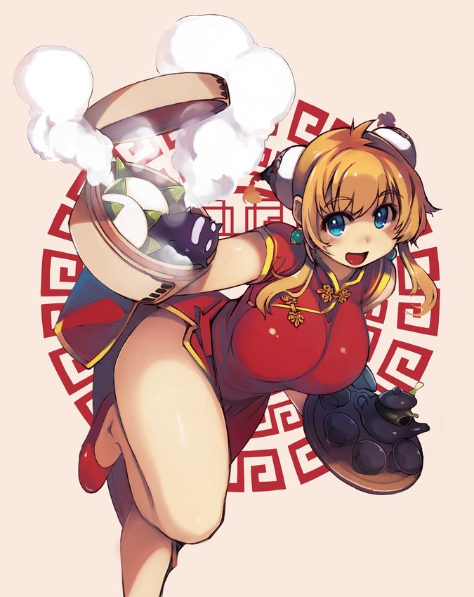 1girl :d bare_legs blonde_hair blue_eyes blush breasts bun_cover china_dress chinese_clothes commentary_request cup date_pun double_bun earrings food jewelry large_breasts long_hair looking_at_viewer meat_day nikuman number_pun open_mouth simple_background smile solo teapot tray xration