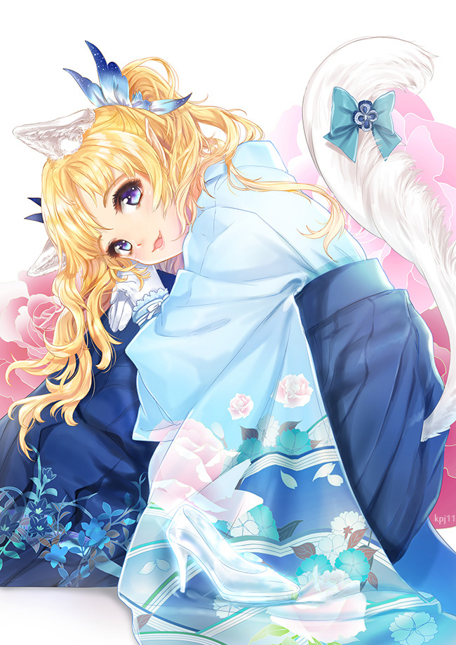 1girl :3 animal_ears bangs blonde_hair blue_eyes bow butterfly_hair_ornament cat_ears cat_tail cinderella fang floral_background floral_print glass_slipper gloves hair_ornament hakama head_rest high_heels japanese_clothes jewelry kimono long_hair looking_at_viewer original pointy_ears ribbon sera_(mrvles) shoes_removed sitting solo tail tail_bow text twintails white_gloves white_ribbon wide_sleeves