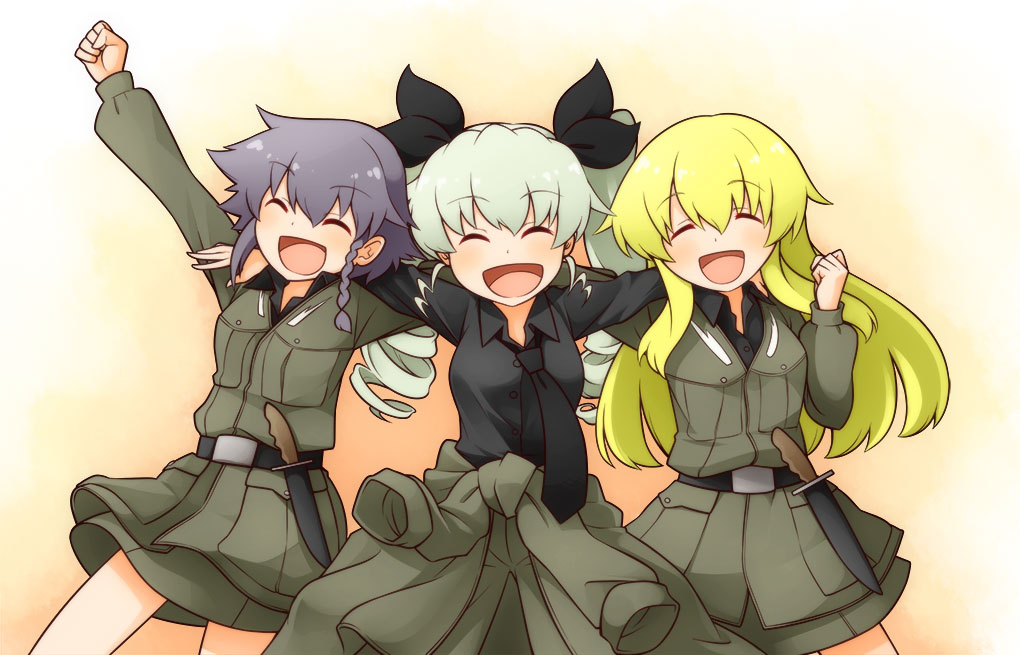 anchovy arm_around_shoulder black_hair black_shirt blonde_hair blush braid carpaccio closed_eyes clothes_around_waist cowboy_shot dress_shirt drill_hair fist_pump girls_und_panzer green_eyes haradaiko_(arata_himeko) jacket jacket_around_waist knife long_hair long_sleeves military military_uniform miniskirt necktie necktie_removed open_mouth pants pepperoni_(girls_und_panzer) raised_fist shirt short_hair skirt smile standing twin_drills twintails unbuttoned uniform