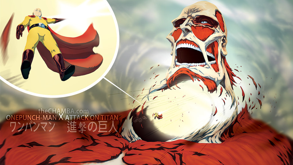 1boy bald boots cape colossal_titan crossover giant gloves jeffrey_cruz male_focus monster muscle onepunch_man saitama_(onepunch_man) shingeki_no_kyojin teeth