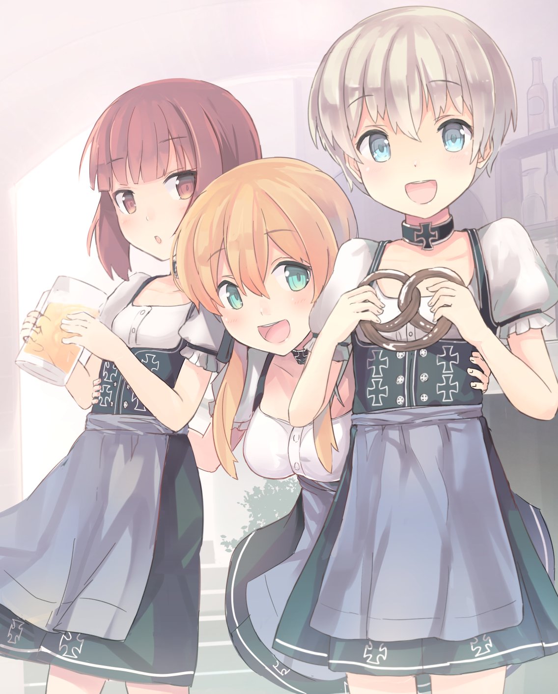 3girls alcohol alternate_costume aqua_eyes auburn_hair beer beer_mug blonde_hair blush brown_eyes commentary_request german_clothes highres kantai_collection multiple_girls nanashina oktoberfest open_mouth pretzel prinz_eugen_(kantai_collection) short_hair skirt smile twintails white_hair z1_leberecht_maass_(kantai_collection) z3_max_schultz_(kantai_collection)