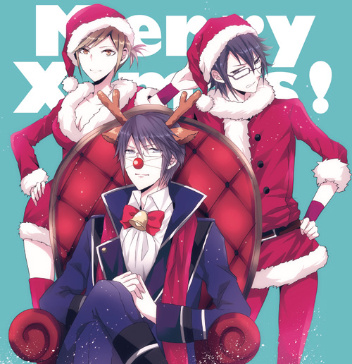 1girl 2boys animal_ears antlers aqua_background awashima_seri bell bell_collar black_hair blonde_hair blue_eyes breasts brown_eyes chair christmas cleavage collar crossed_legs english fake_animal_ears fushimi_saruhiko glasses hand_on_hip k_(anime) looking_at_viewer maine_(unap!) multiple_boys munakata_reishi red_nose santa_costume short_hair sitting standing yellow_eyes