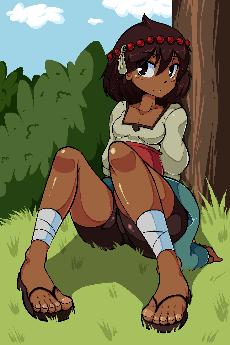 1girl ajna_(indivisible) ankle_wraps average-hanzo barefoot_sandals beads bike_shorts brown_hair commentary dark_skin feet hair_ornament indivisible jewelry sandals short_hair solo toenails toes