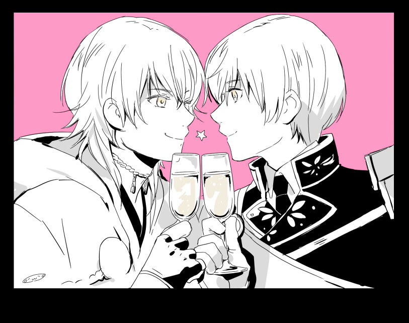 2boys armor black_border border commentary_request cup drinking_glass gloves ichigo_hitofuri japanese_armor male_focus military military_uniform mizuhara_aki monochrome multiple_boys necktie pink_background short_hair simple_background smile sode star toast_(gesture) touken_ranbu tsurumaru_kuninaga uniform upper_body wine_glass