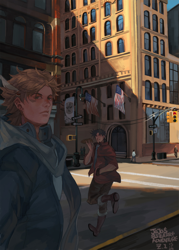 american_flag artist_name blonde_hair boots brown_boots brown_hair building caesar_anthonio_zeppeli copyright_name dated jacket jojo_no_kimyou_na_bouken joseph_joestar_(young) road road_sign scarf shade sign signature street traffic_light winged_hair_ornament z.i