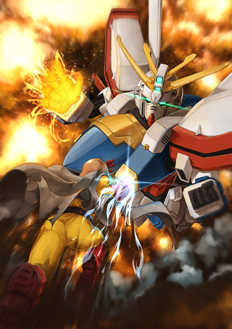 1boy battle crossover fire g_gundam glowing glowing_eyes god_gundam gundam mecha onepunch_man punching saitama_(onepunch_man) smoke